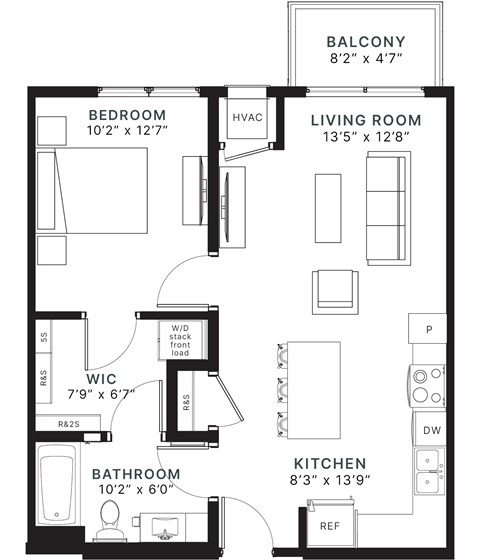 Floor plan for 1 bed, 1 bath, 687 sqft